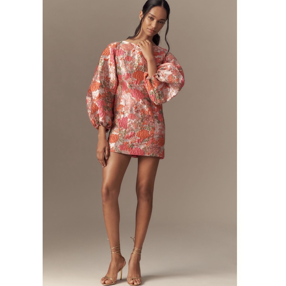 Mac Duggal by Ieena Pink Floral Brocade Balloon Sleeve Mini Dress - Picture 5 of 16